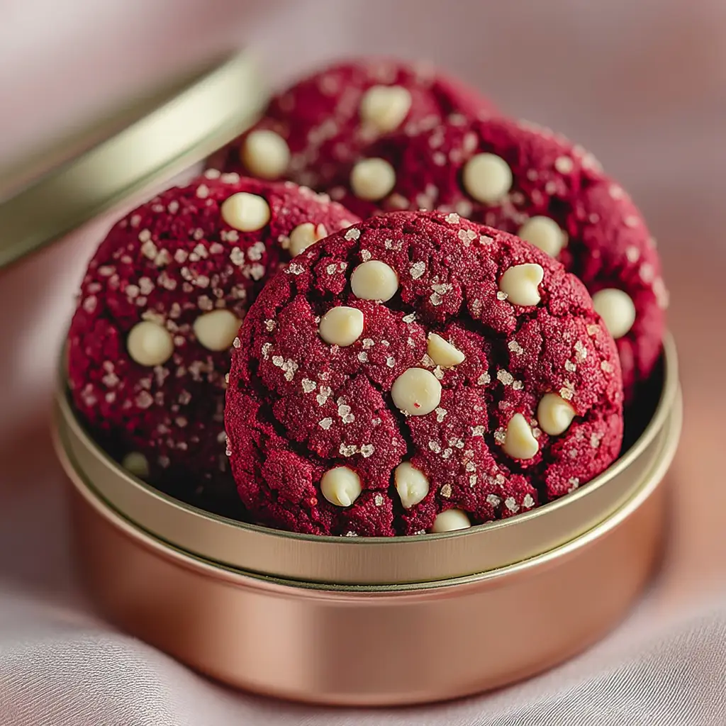 A close-up of a hand holding a red velvet cookie with white chocolate chips, showing the soft interior. This highlights the easy red velvet cookie recipe's result.