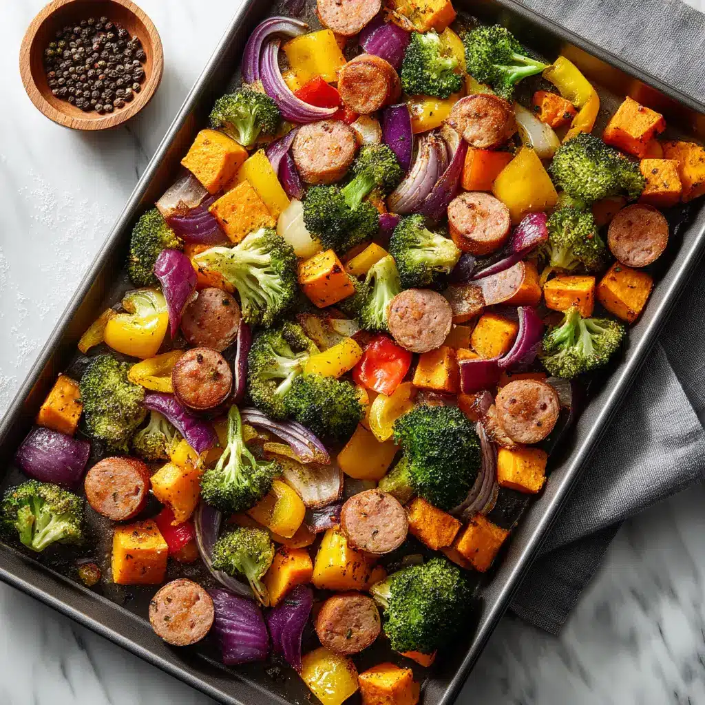 Sheet Pan Chicken Sausage and Veggies (The Only Recipe You Need!) 1 An easy weeknight meal of chicken sausage and veggies spread out on a sheet pan before being cooked in the oven.