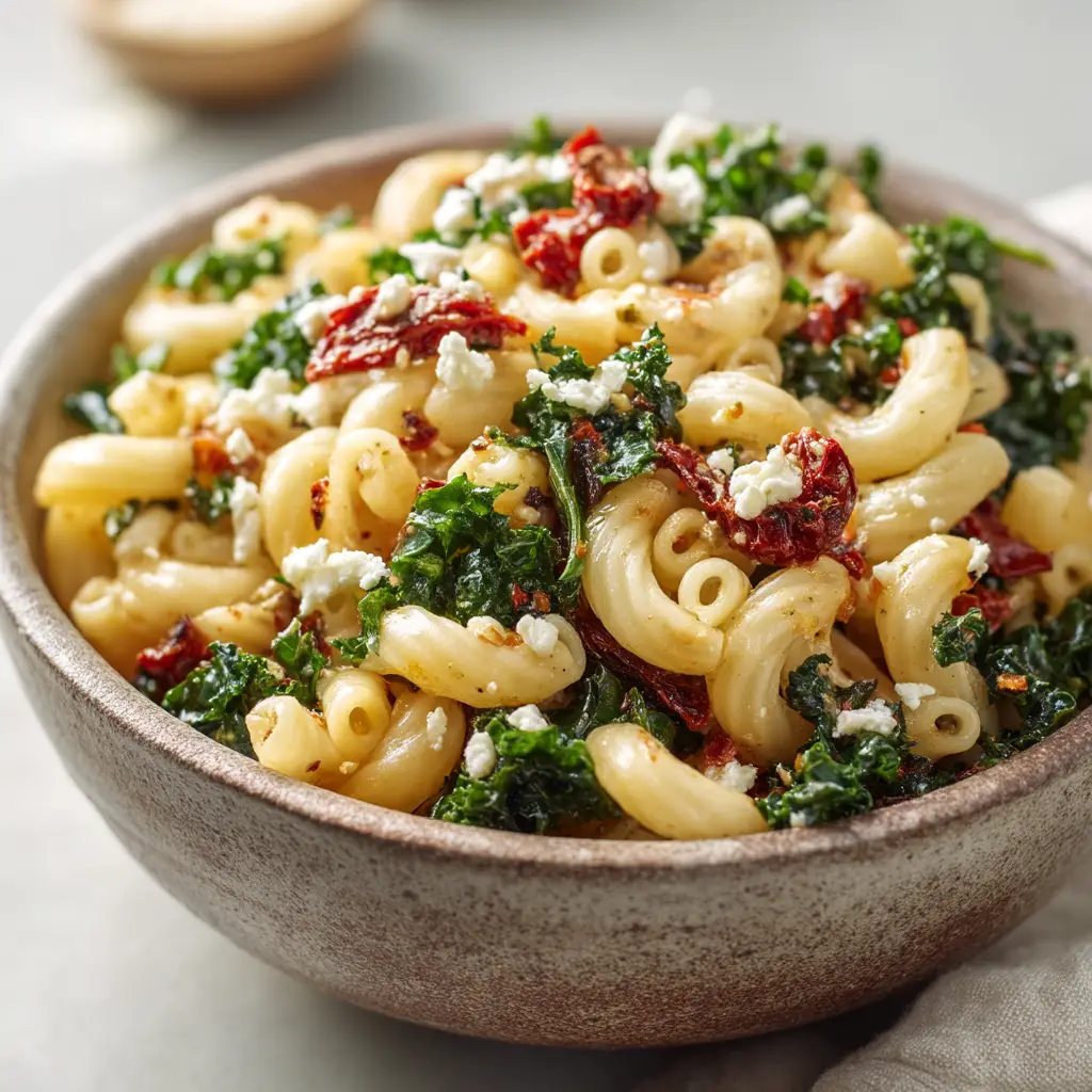 A bowl of the finished Greek-style pasta salad, ready to be served, highlighting the crumbled feta cheese and Kalamata olives.