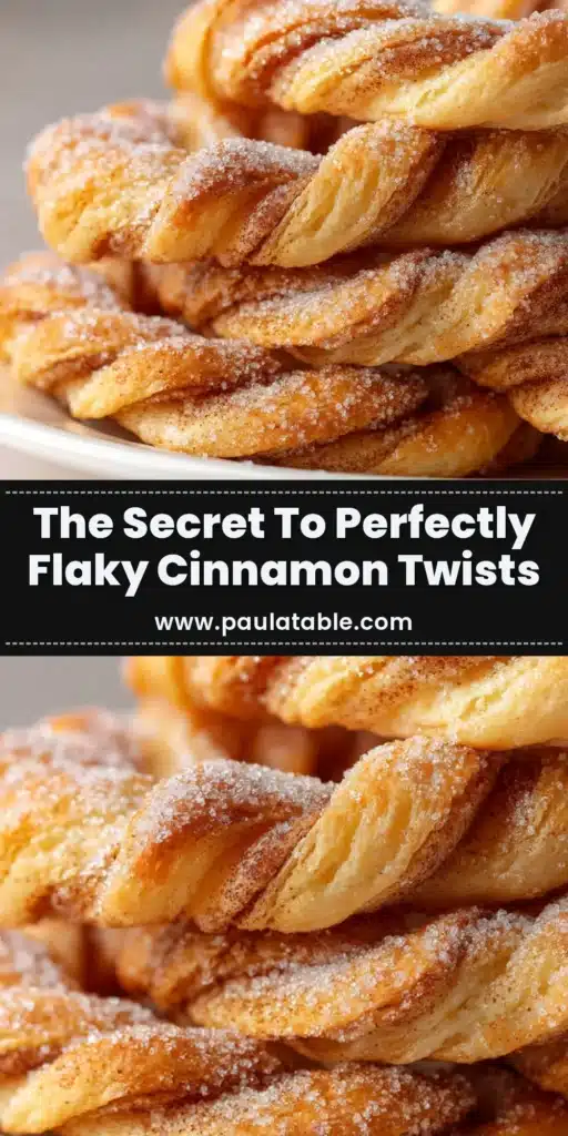 A beautiful stack of golden brown, Flaky Cinnamon Twists drizzled with a sweet vanilla glaze, resting on parchment paper.