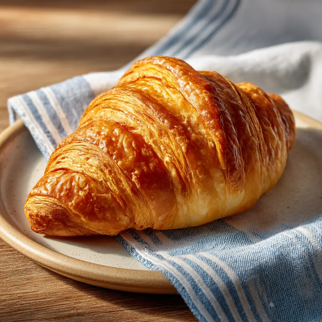 An extreme close-up of a single golden-brown croissant, highlighting its flaky, buttery layers and crisp texture.
