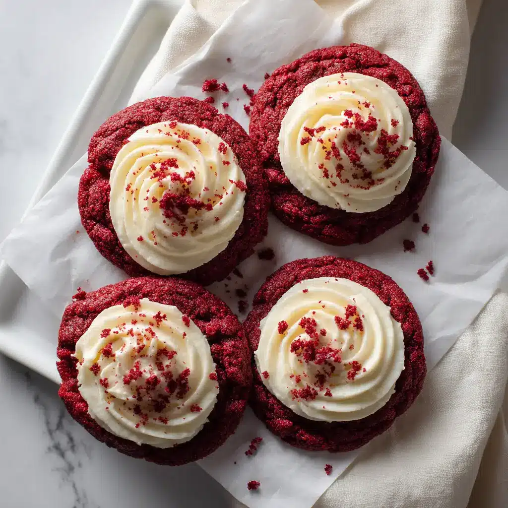 A close-up of a frosted Crumbl copycat red velvet cookie, showing the thick cookie and creamy frosting.