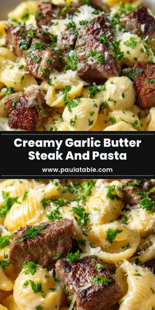 Garlic Butter Steak and Pasta: A Restaurant-Quality Meal at Home 3 An overhead shot of a white bowl filled with creamy Garlic Butter Steak and Pasta, topped with perfectly sliced steak and fresh parsley.