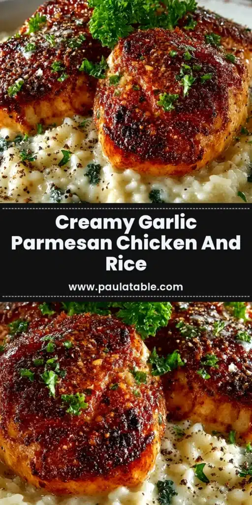 A skillet of creamy Garlic Parmesan Chicken and Rice, garnished with fresh parsley. The perfect one-pan dinner idea.