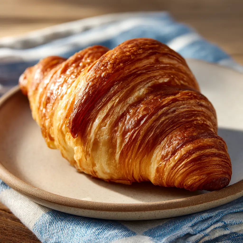 A stack of golden baked croissants on a rustic surface, showcasing their beautiful color and puffy shape after baking.
