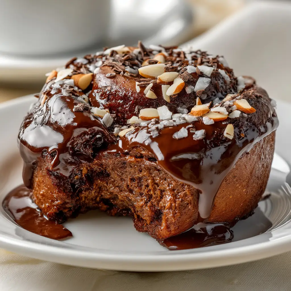 Extreme close-up of a gooey chocolate sweet roll, with melted chocolate filling and frosting dripping down the side.