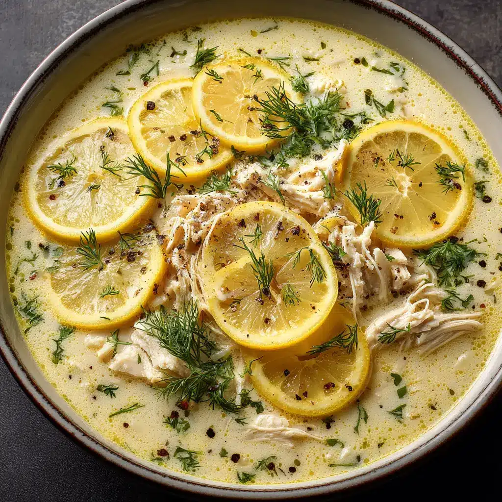 Another angle of a bowl of Greek Lemon Chicken Soup, garnished with fresh dill and a slice of lemon on the side.