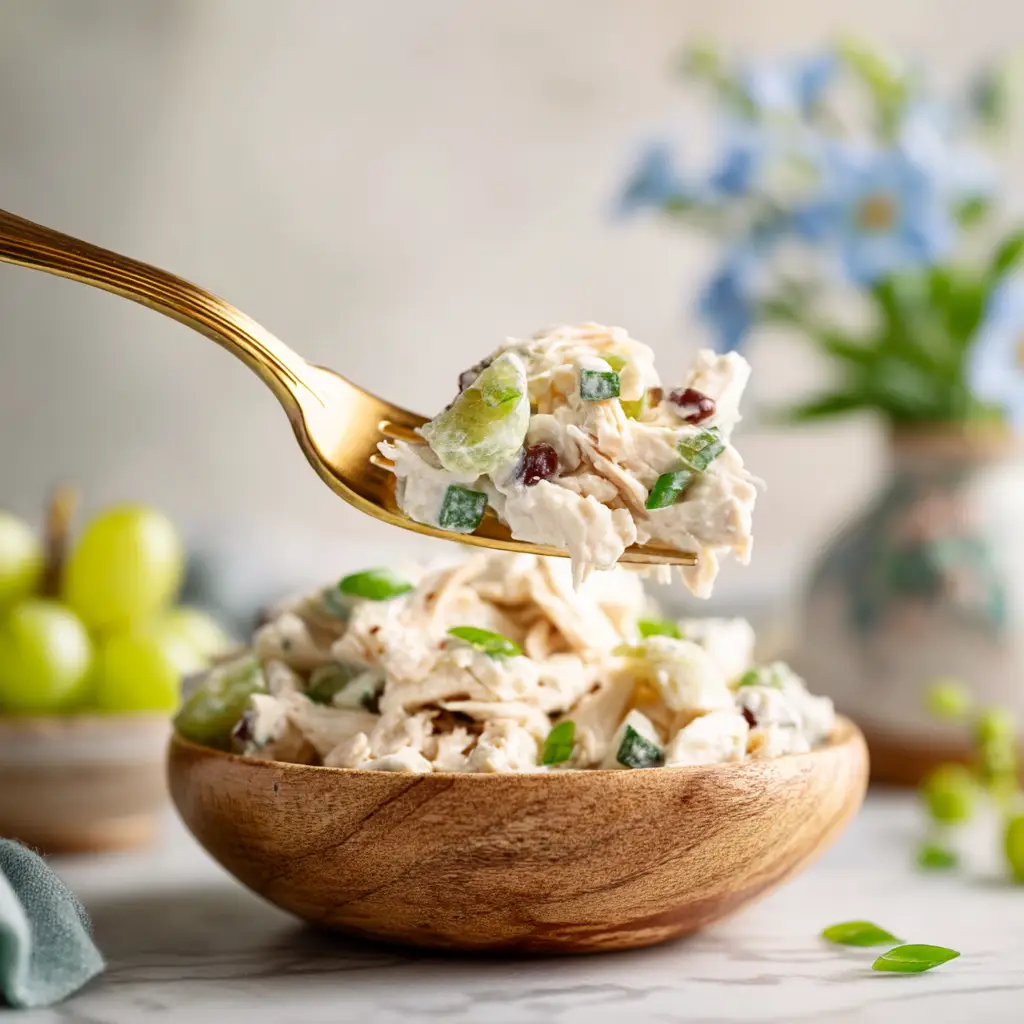 A spoonful of Greek yogurt chicken salad, demonstrating the recipe's rich and creamy texture without using mayonnaise.