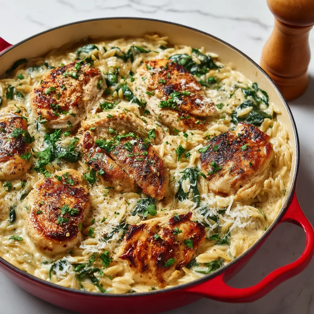 A serving of high-protein chicken and orzo in a rustic bowl, ready to be eaten. The focus is on the simple and healthy ingredients.
