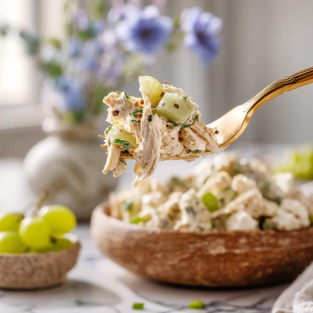 A close-up shot of healthy chicken salad on a fork, showing the creamy Greek yogurt dressing and fresh herbs.