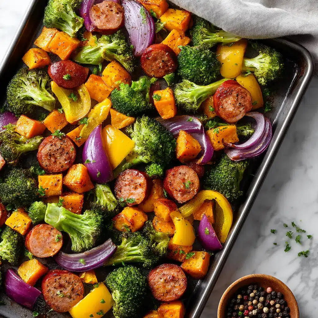 Sheet Pan Chicken Sausage and Veggies (The Only Recipe You Need!) 2 A healthy sheet pan dinner featuring cooked chicken sausage, roasted red peppers, broccoli, and onions, ready to be served.
