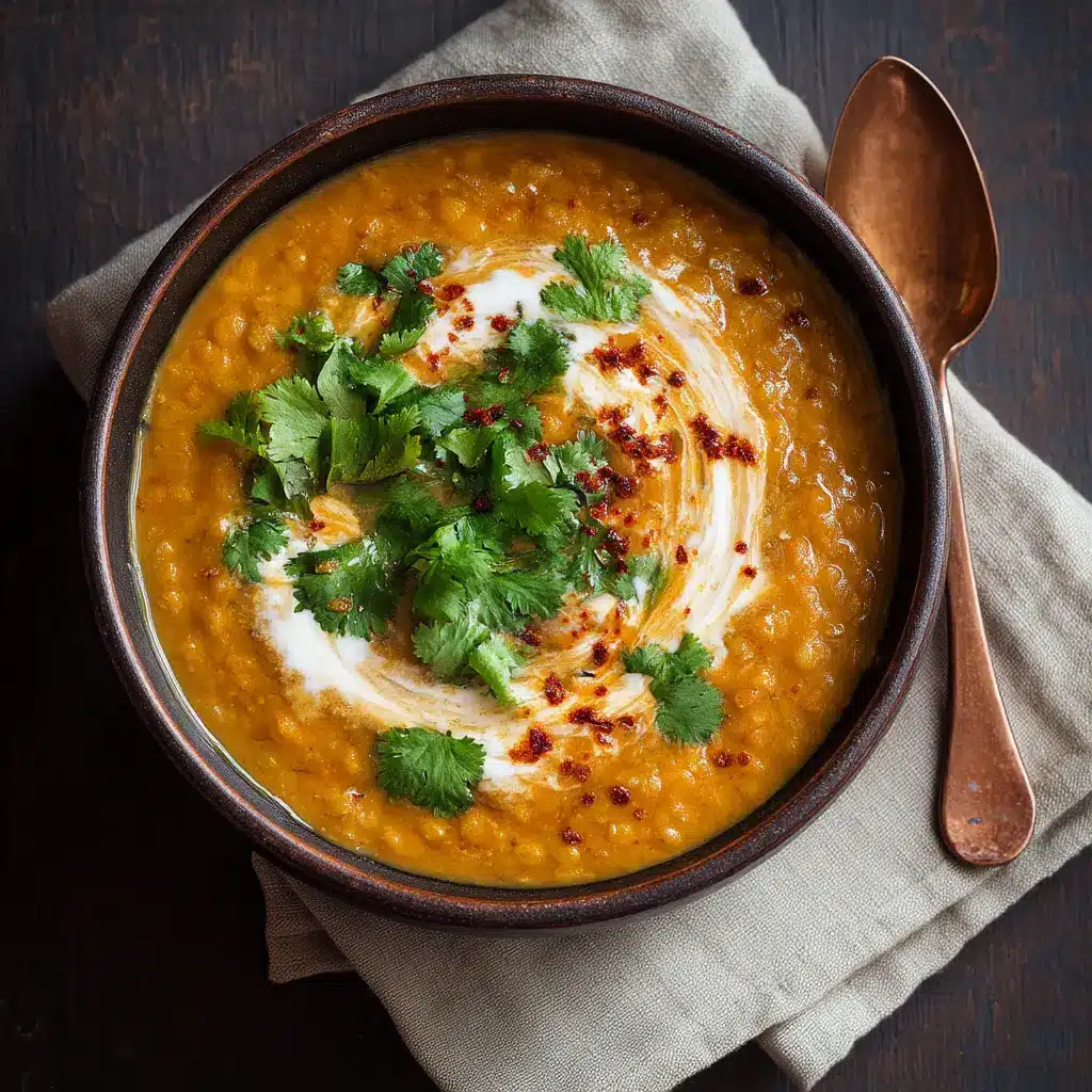 A spoonful of healthy spiced lentil soup being lifted from a bowl, highlighting the vibrant colors of the carrots, tomatoes, and fresh herbs.