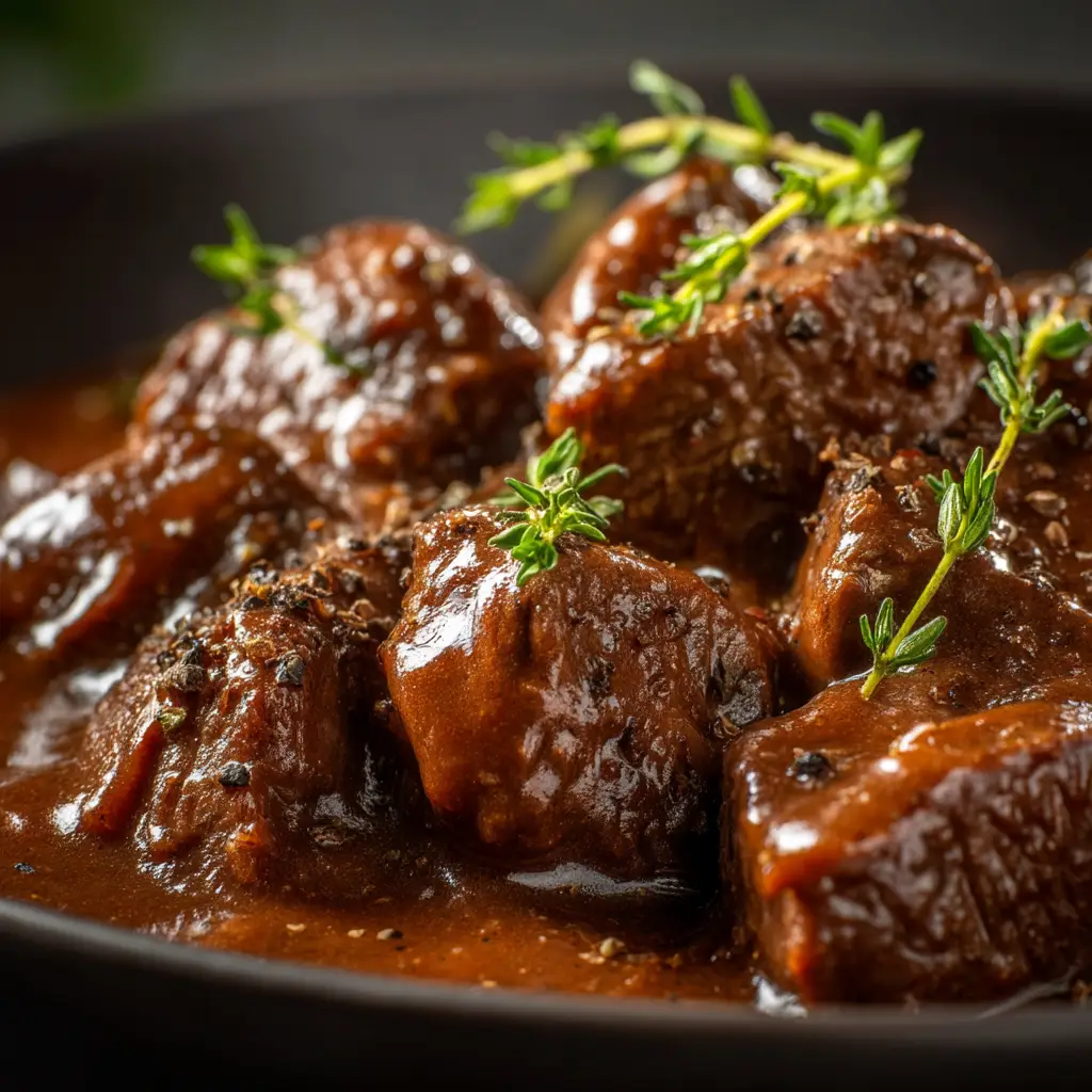 A spoonful of beef tips and gravy being lifted from a bowl, showing the thick, glossy gravy coating the tender pieces of beef.