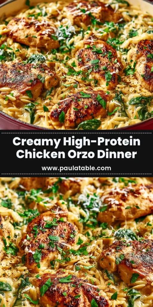 A high-angle shot of a white bowl filled with creamy High Protein Chicken Orzo, garnished with fresh parsley and a lemon wedge on the side.