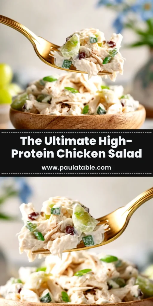 A bright overhead shot of High Protein Chicken Salad in a white bowl, garnished with fresh dill. Perfect for a healthy lunch or meal prep.