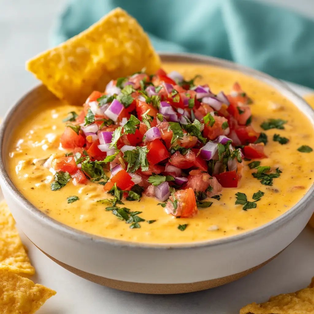 A bowl of high-protein queso garnished with fresh cilantro, surrounded by tortilla chips for dipping.