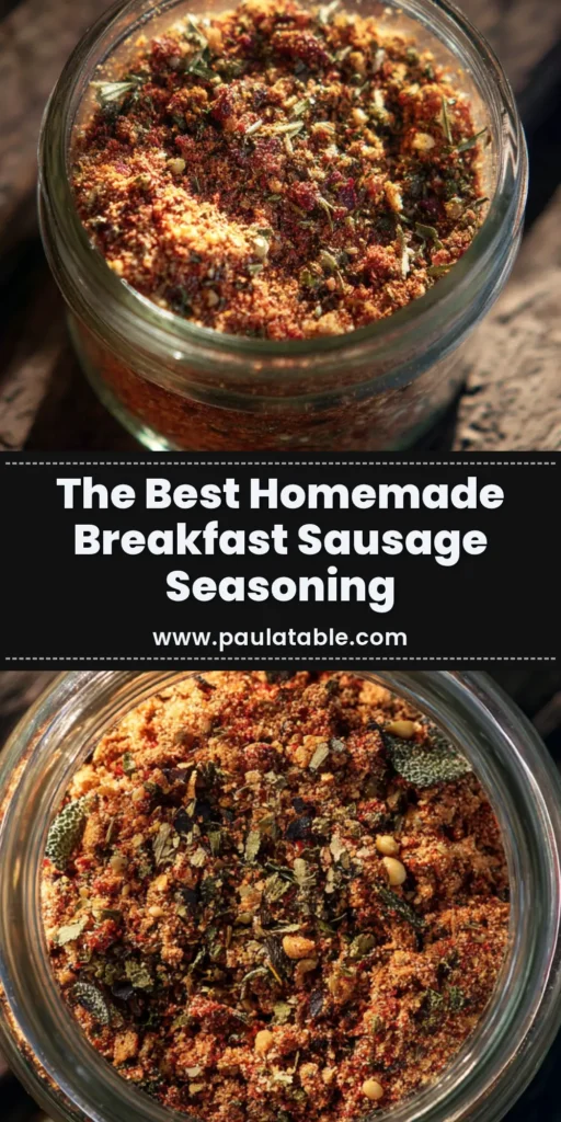 A visually appealing pin showing a jar of homemade breakfast sausage seasoning surrounded by the individual spices like sage, paprika, and fennel seeds.