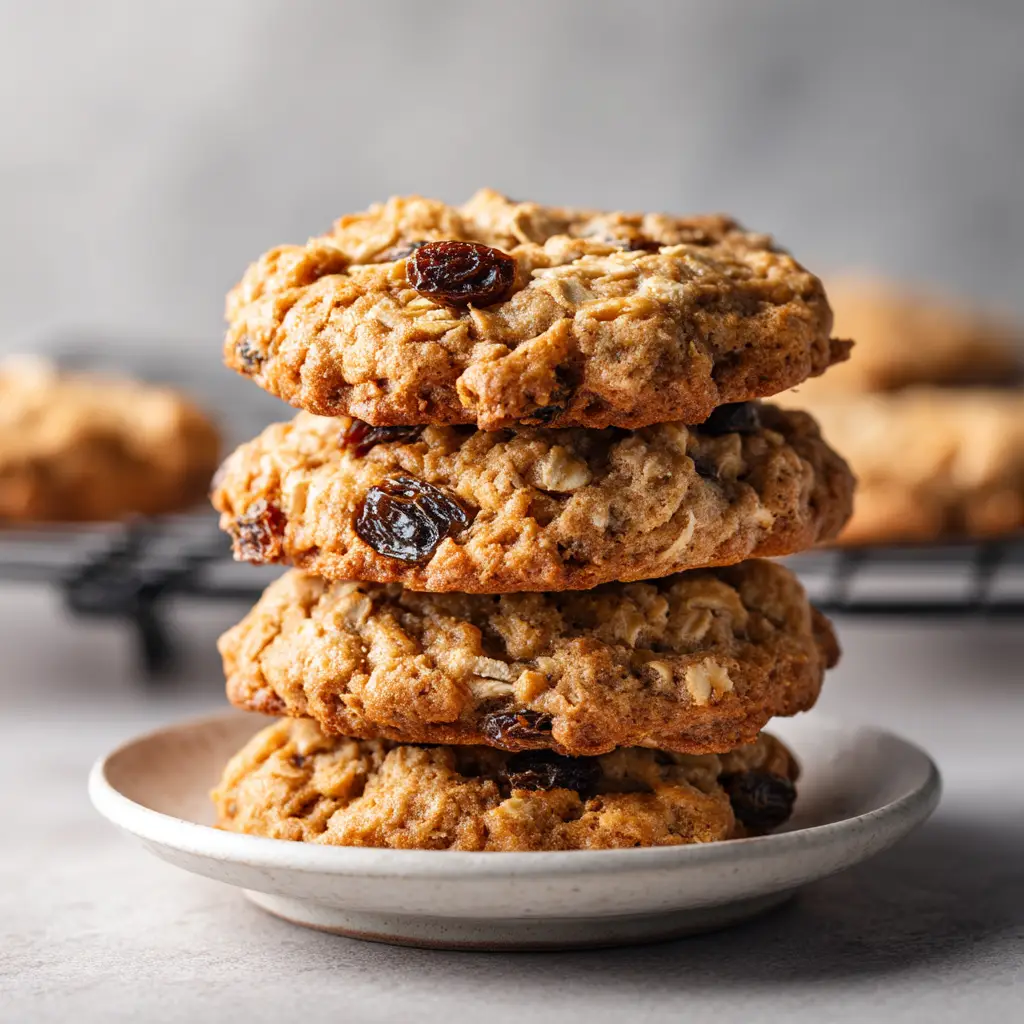 A tall stack of four homemade chewy oatmeal raisin cookies, highlighting their thick and rustic texture against a neutral background.