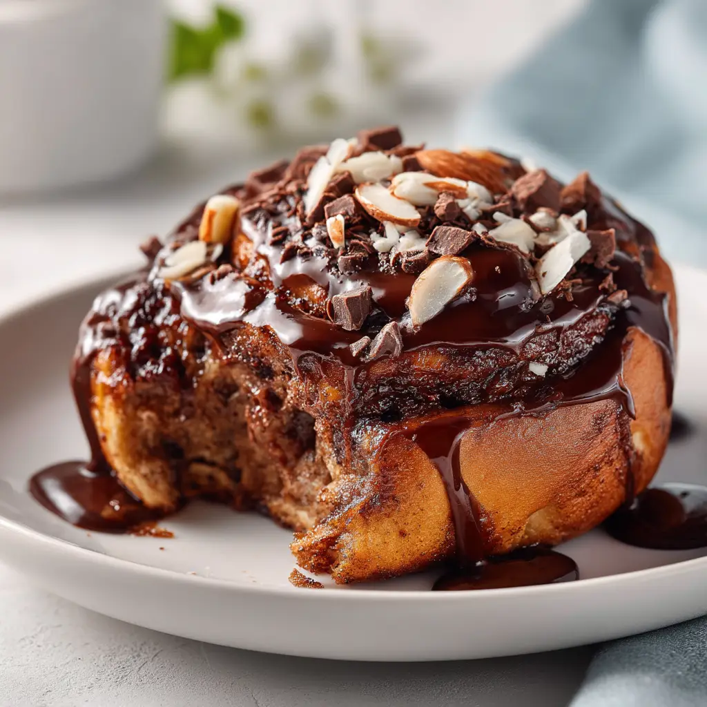 A single double chocolate cinnamon bun being pulled from a pan, showing the soft, fluffy texture of the chocolate dough.