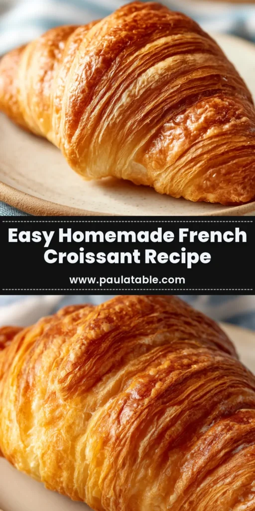 A beautiful spread of perfectly baked Homemade French Croissants on a wooden board, with one croissant broken open to show the flaky layers.