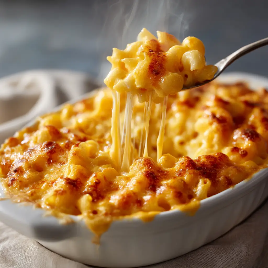 A spoonful of creamy homemade mac and cheese being lifted from a bowl, ready to eat.
