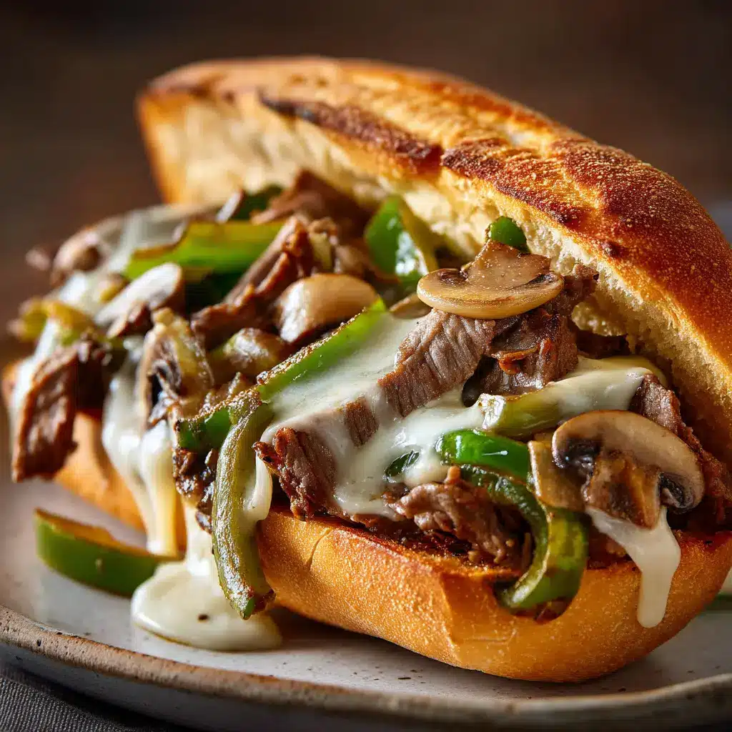 Philly Cheesesteak Recipe (The ONLY Authentic Way) 2 An extreme close-up of a homemade cheesesteak sandwich, showing the texture of the seared shaved steak and melted provolone cheese.