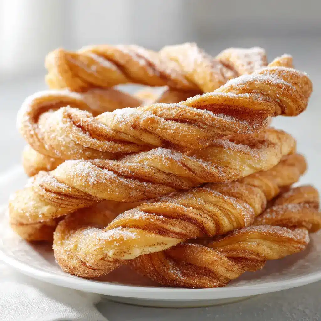 An extreme close-up of a stack of homemade cinnamon twists, highlighting the crispy, golden layers of puff pastry.