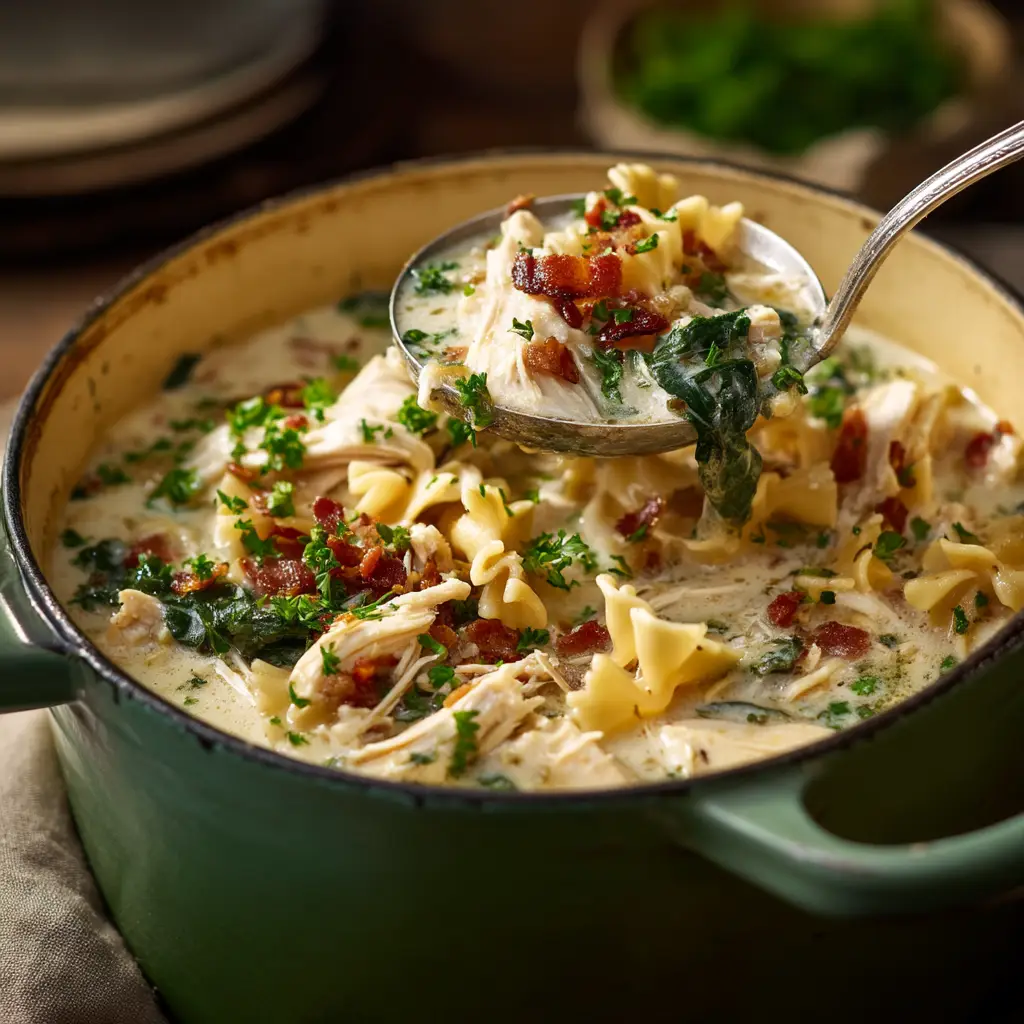 An overhead view of a bowl of creamy white lasagna soup, garnished with fresh parsley and ricotta, ready to be served.