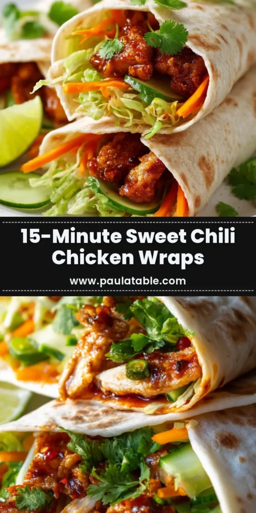 Two halves of a sweet chili chicken wrap stacked on a white plate, showing crispy glazed chicken, lettuce, julienned carrots, and cucumber.