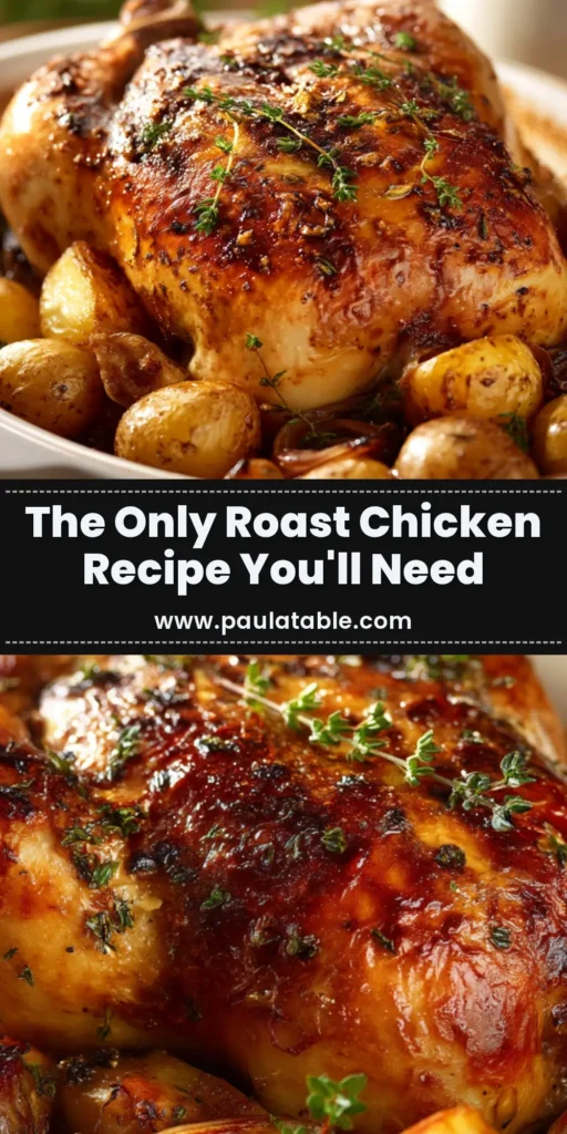 A close-up of a Perfect Roast Chicken with glistening golden-brown crispy skin, garnished with fresh thyme, served with baby potatoes and caramelized onions.