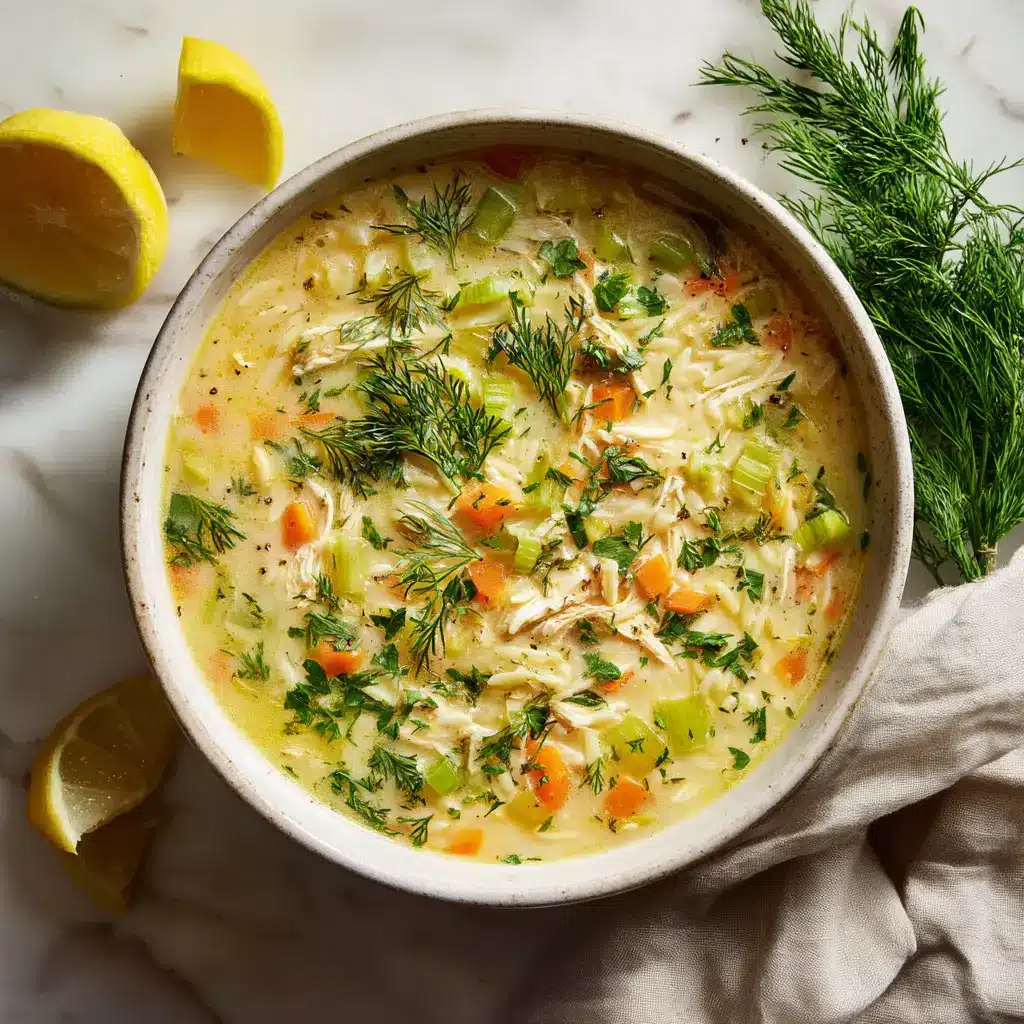 Creamy, rich, pale yellow Avgolemono broth filled with diced carrots, celery, orzo pasta, and shredded chicken in a rustic white bowl.
