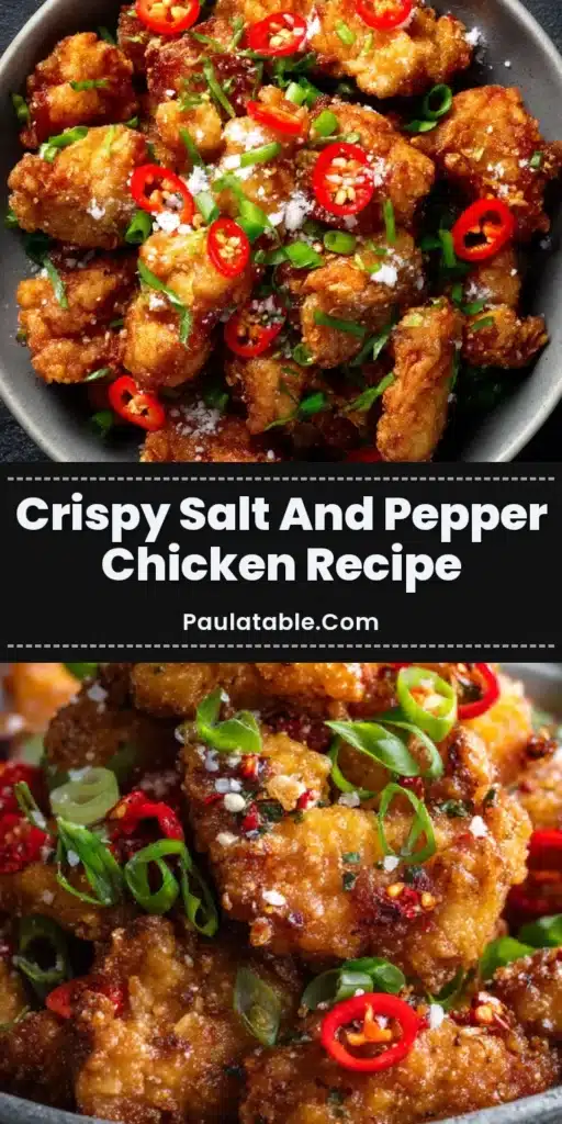 Crispy Salt and Pepper Chicken: A Golden, Crunchy Delight 3 A rustic matte grey bowl piled high with crispy golden brown salt and pepper chicken pieces, garnished with sliced red chilies and green spring onions.