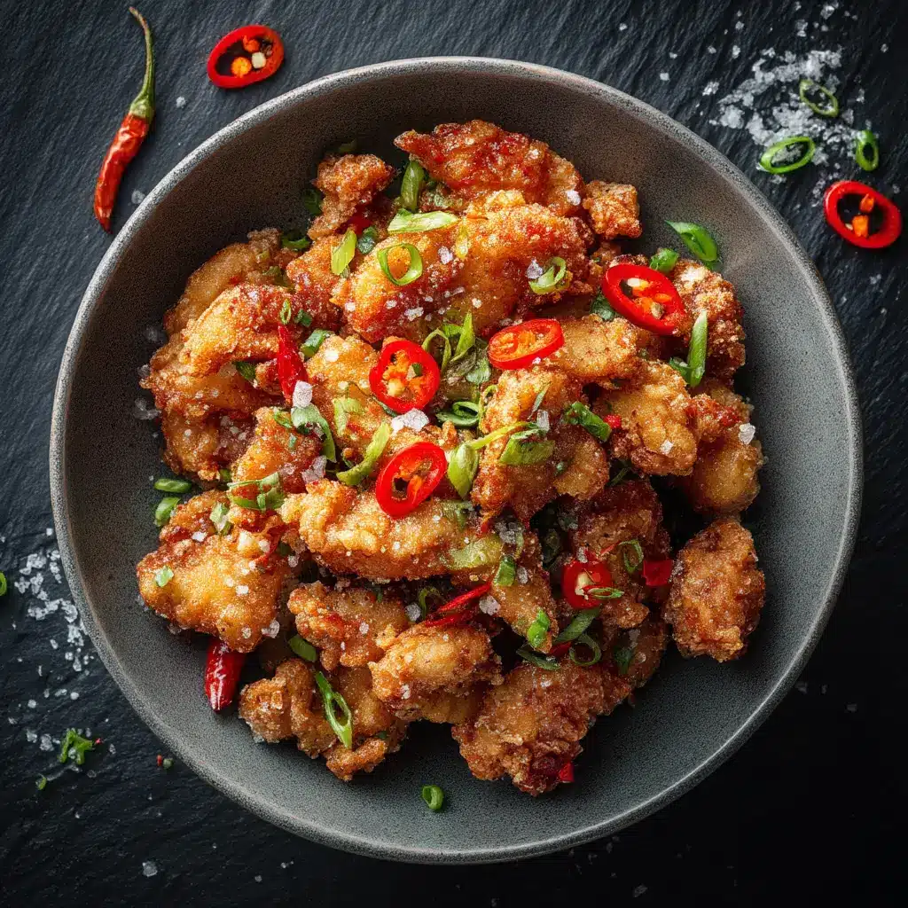 Crispy Salt and Pepper Chicken: A Golden, Crunchy Delight 2 Overhead close-up of crispy golden brown salt and pepper chicken pieces with coarse sea salt flakes and dramatic side lighting.