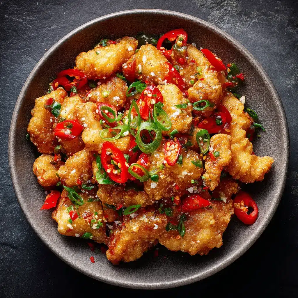 Crispy Salt and Pepper Chicken: A Golden, Crunchy Delight 1 Professional food styling of crispy salt and pepper chicken garnished with chopped green spring onions and sliced red chilies.