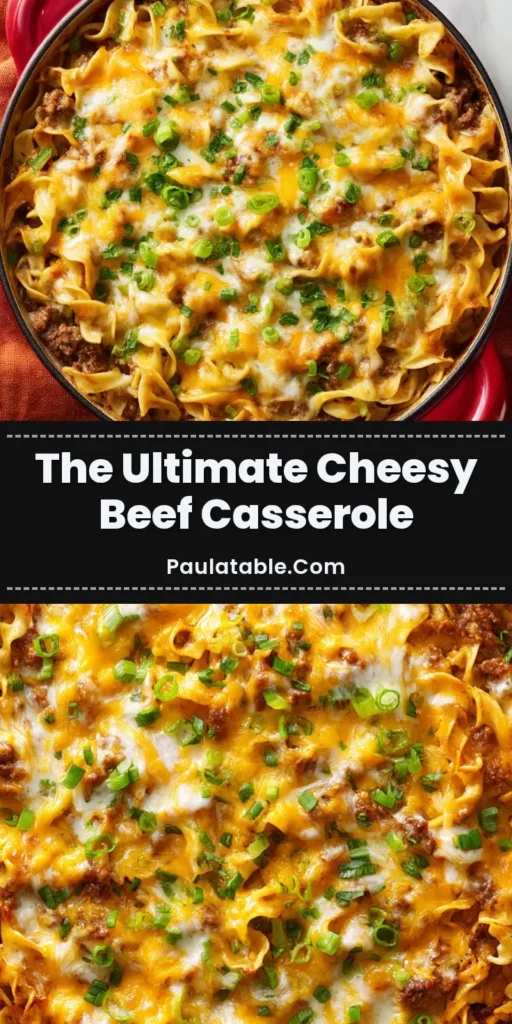 The Ultimate Cheesy Ground Beef Casserole Recipe 4 Overhead view of a hearty Cheesy Ground Beef Casserole baked in a red cast iron skillet, topped with golden melted cheddar and garnished with scallions.