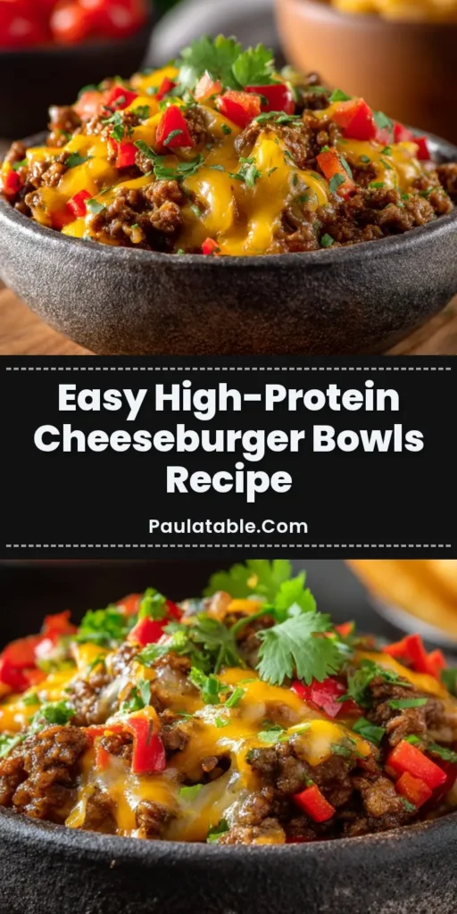 A rustic stoneware bowl filled with High-Protein Cheeseburger Bowls featuring seasoned ground beef, melted cheddar cheese, diced red bell peppers, and fresh cilantro on a wooden cutting board.