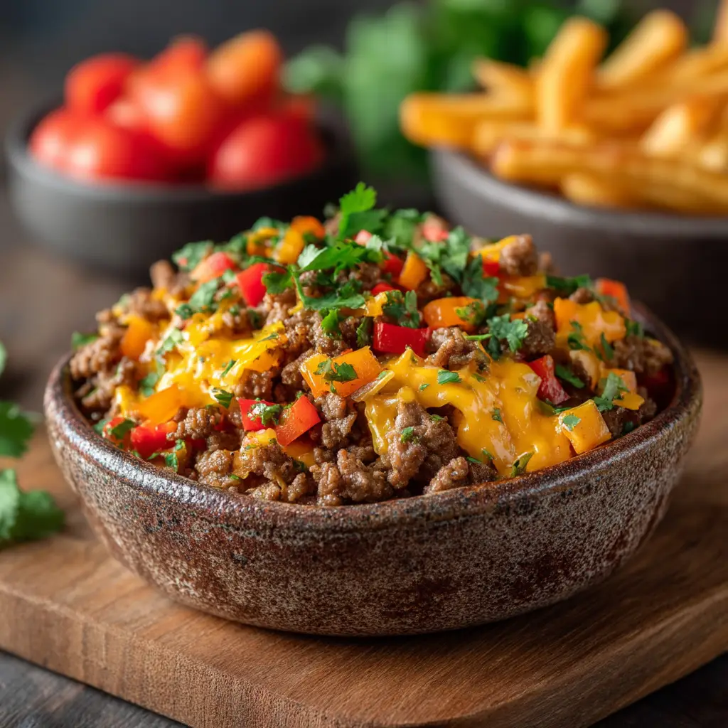 Freshly diced red bell peppers, raw ground beef, and shredded cheddar cheese prepped on a wooden cutting board for High-Protein Cheeseburger Bowls.