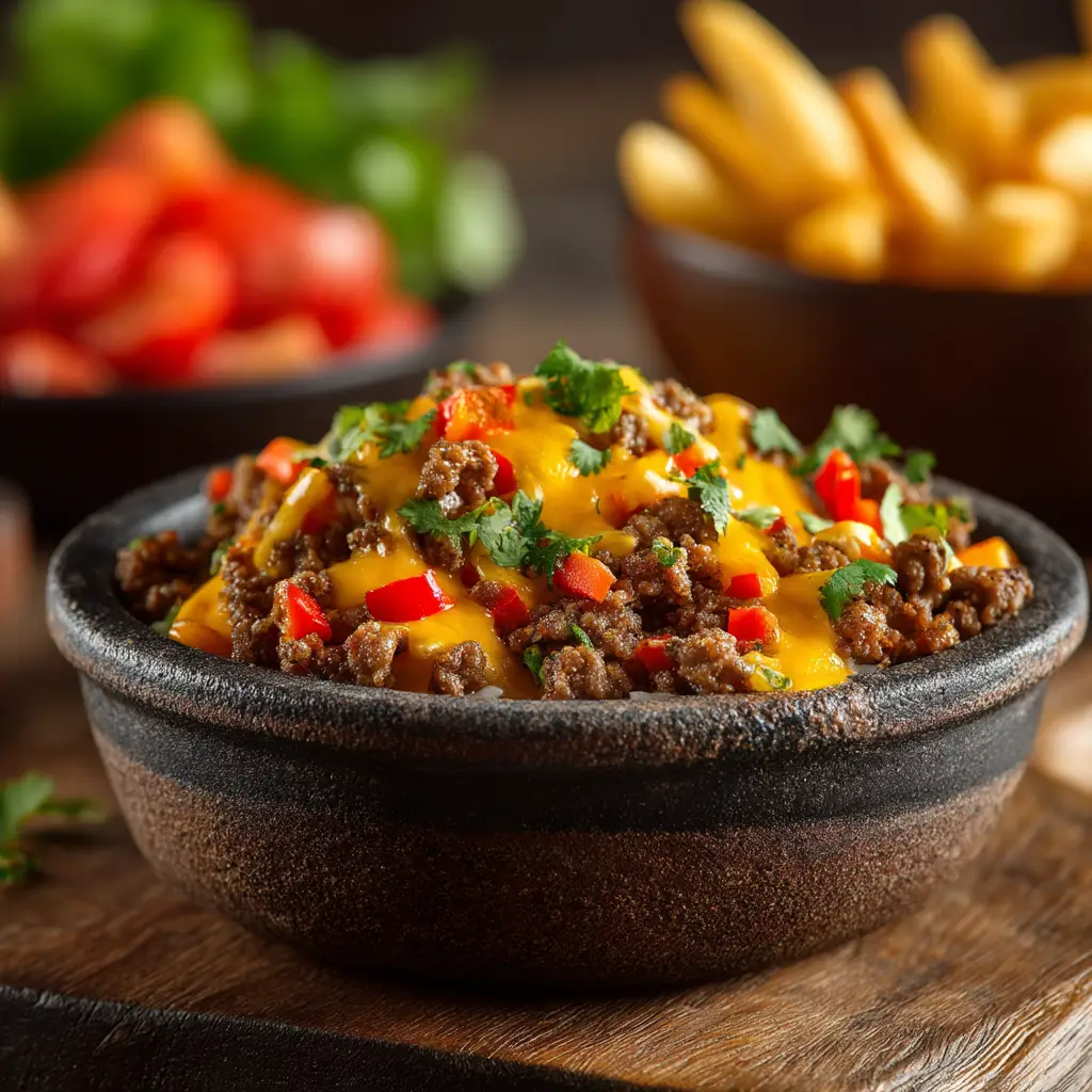 Seasoned ground beef and diced red bell peppers cooking in a large skillet, topped with perfectly melted sharp cheddar cheese for High-Protein Cheeseburger Bowls.