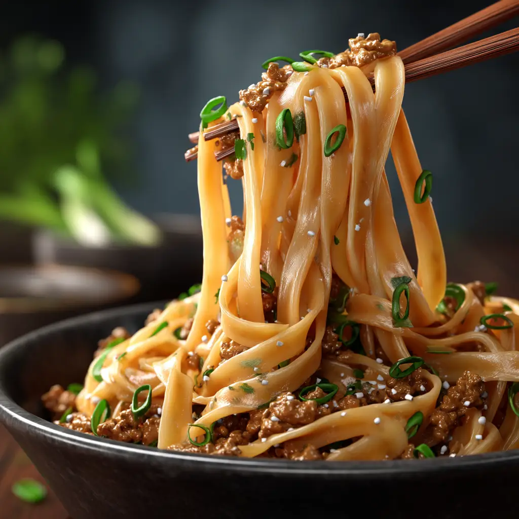 Chopsticks lifting wide, sauce-drenched noodles out of a softly blurred dark bowl loaded with ground pork and sesame seeds.