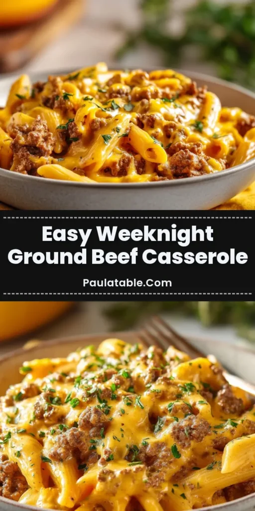 A close-up view of Ground Beef Casserole with penne pasta coated in creamy cheddar cheese sauce and garnished with chopped parsley.