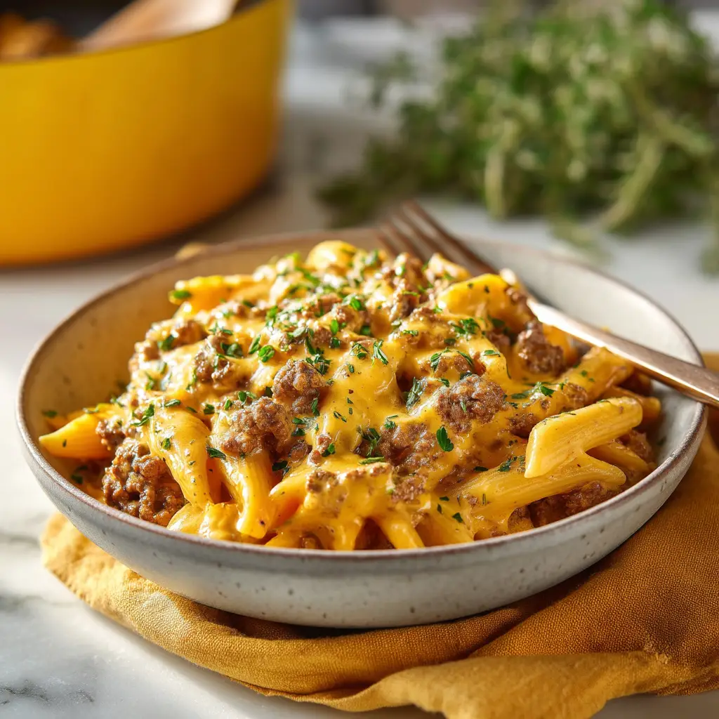 Ingredients for ground beef casserole including penne pasta, fresh herbs, cheese, and ground beef on a marble tabletop.