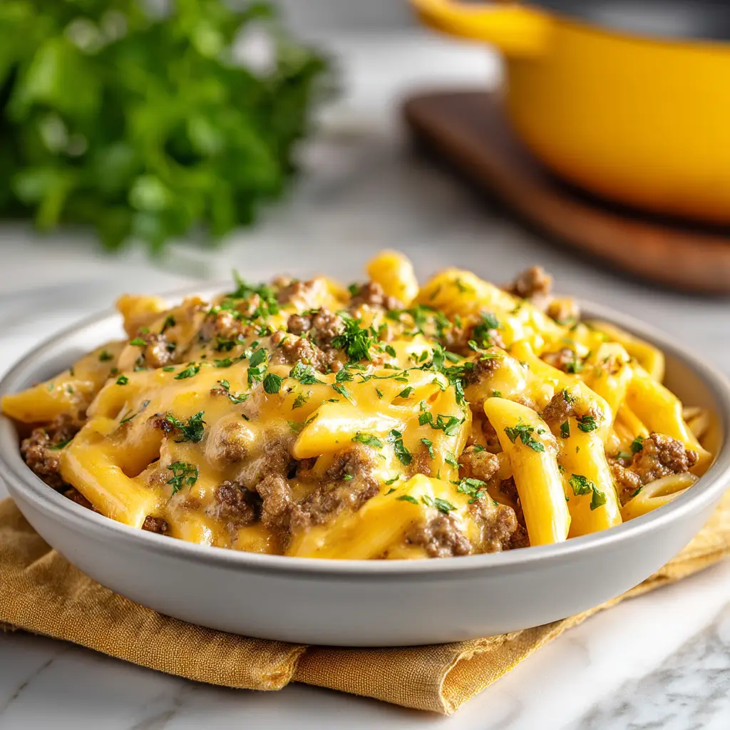 A shallow light gray ceramic bowl filled with creamy ground beef and penne pasta casserole, resting on a folded yellow linen napkin.