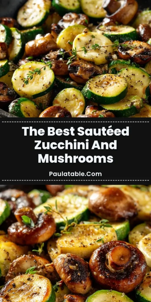 Sautéed Zucchini and Mushrooms in a black cast iron skillet featuring golden-brown zucchini coins and glistening brown cremini mushrooms seasoned with thyme.