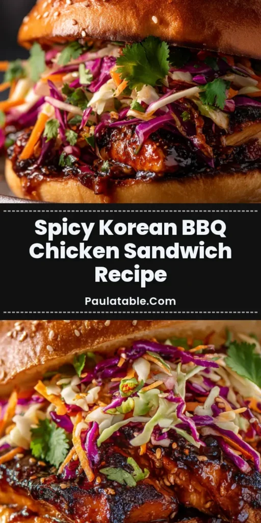 A close-up shot of a Spicy Korean BBQ Chicken Sandwich on a toasted sesame brioche bun, filled with glossy charred chicken and vibrant coleslaw.