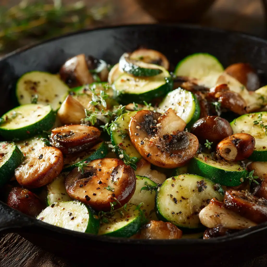 Extreme close-up of fresh raw thick zucchini coins, halved cremini mushrooms, and fresh thyme leaves ready to be sautéed.