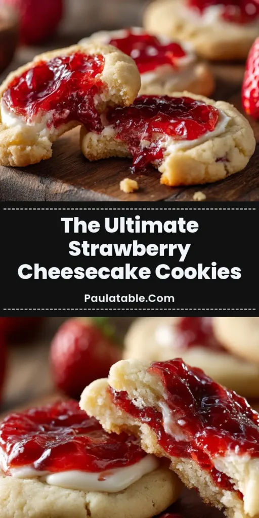 A close-up of delicious Strawberry Cheesecake Cookies topped with glossy strawberry jam, set on a rustic wooden table with fresh strawberries.