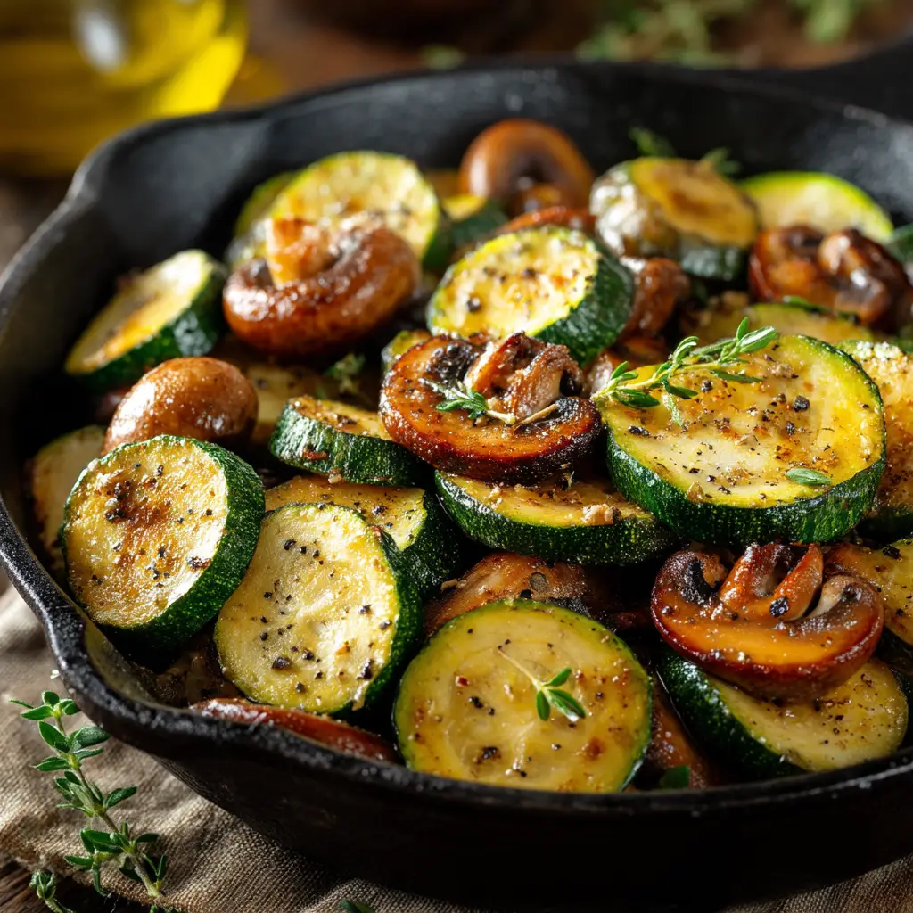 Sautéed Zucchini and Mushrooms sizzling in a black cast iron pan, showing perfectly caramelized edges and fresh green thyme.