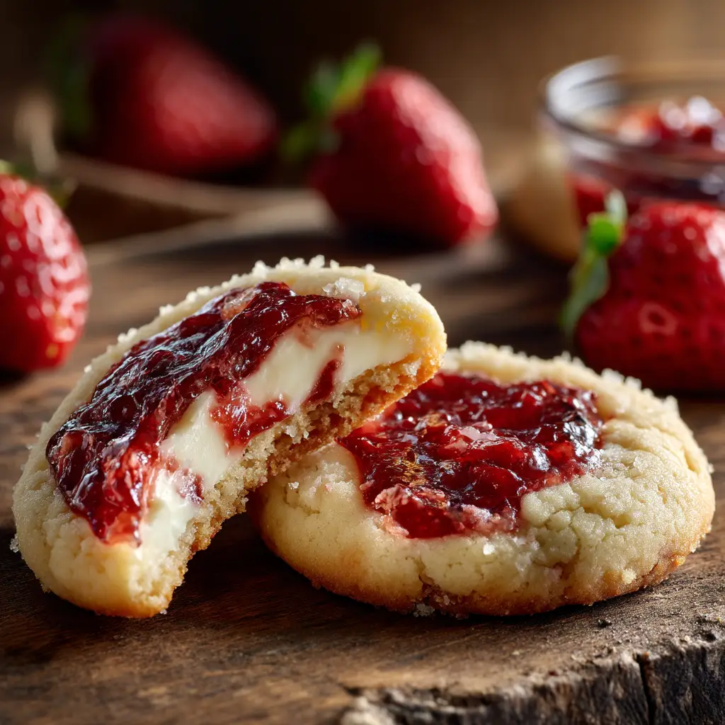 A macro shot of a soft sugar cookie broken in half to reveal a gooey white cheesecake center, topped with strawberry preserves.