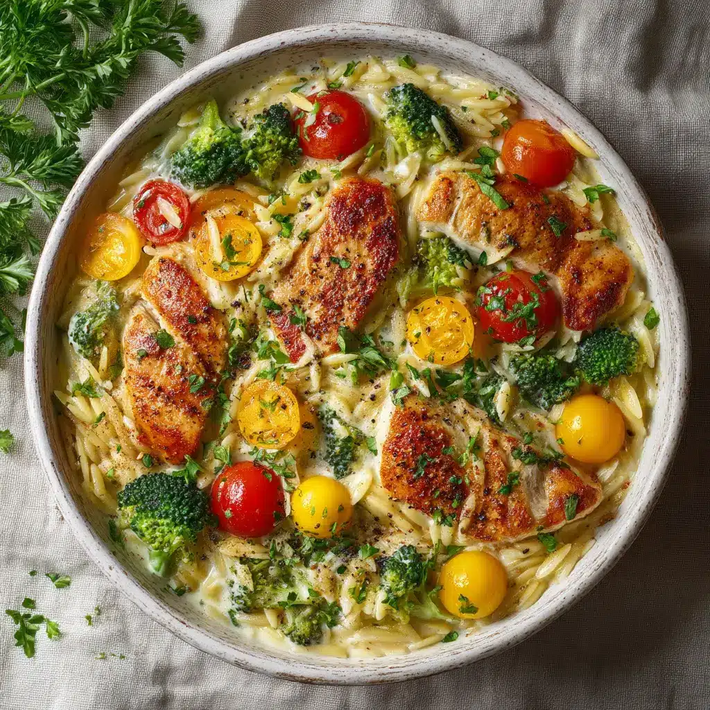 Creamy Boursin Orzo Bake with Seared Chicken & Veggies 2 Close-up of fresh ingredients for Boursin Orzo Bake including a wheel of herb cheese, cherry tomatoes, broccoli, and raw chicken breast.