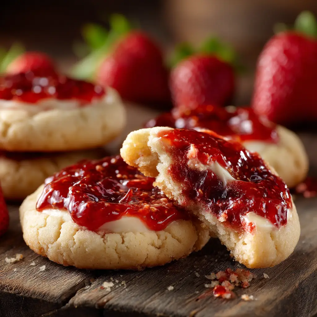Photorealistic image of stuffed Strawberry Cheesecake Cookies showing visible fruit pieces in the jam topping.